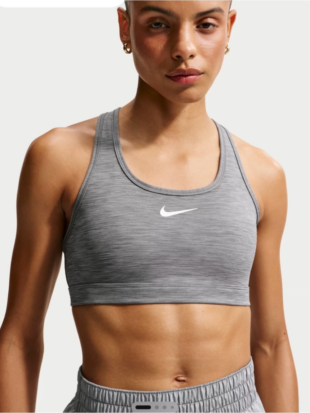 Nike Women's Heather Grey Racerback Sports Bra with White Swoosh